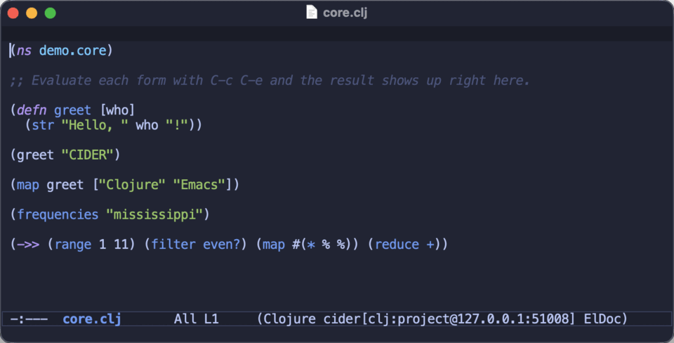 Evaluating Clojure forms one by one with C-c C-e, each result appearing inline next to its form